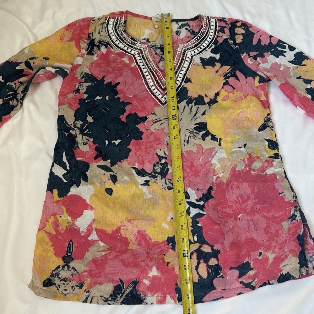 Charter Club Sz S Luxury Floral Linen Tunic Top Beaded V Neck Long Sleeve - Picture 5 of 7